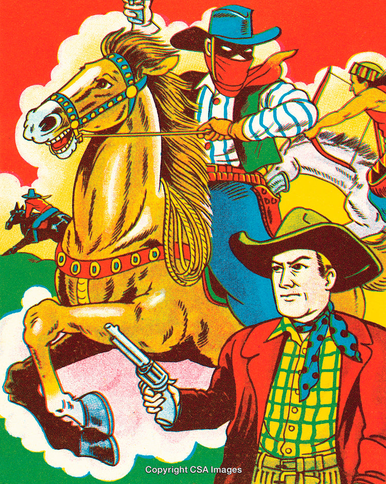 Colorful Comic Book Style Western Illustration Featuring Cowboy and Horse Action
