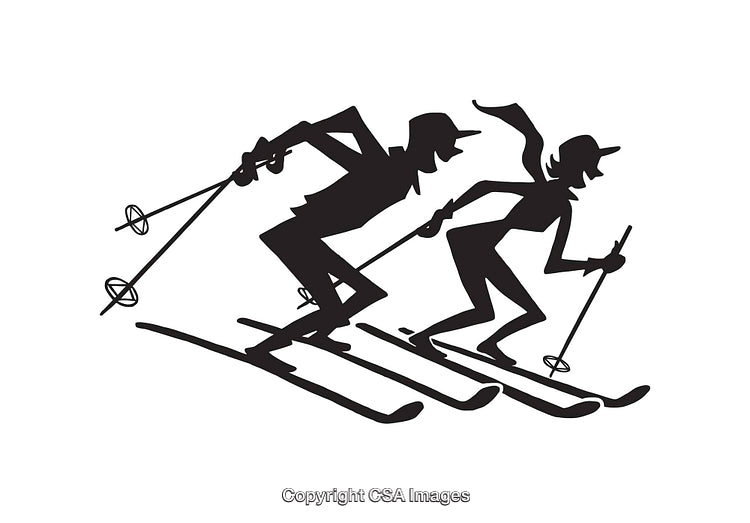 Black and White Illustration of Two Individuals Skiing Together