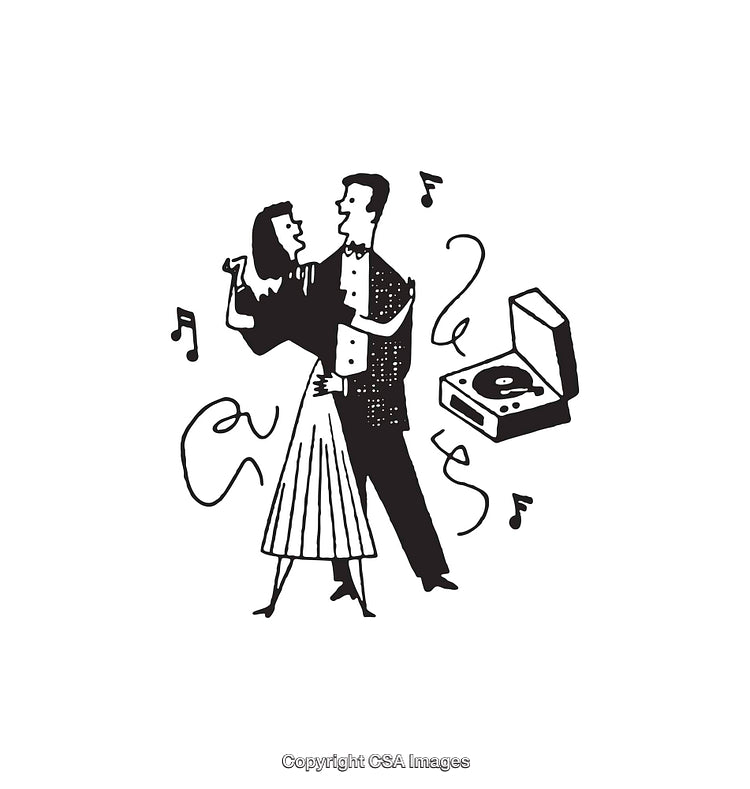 Black and White Line Art of Couple Dancing to Vinyl Music