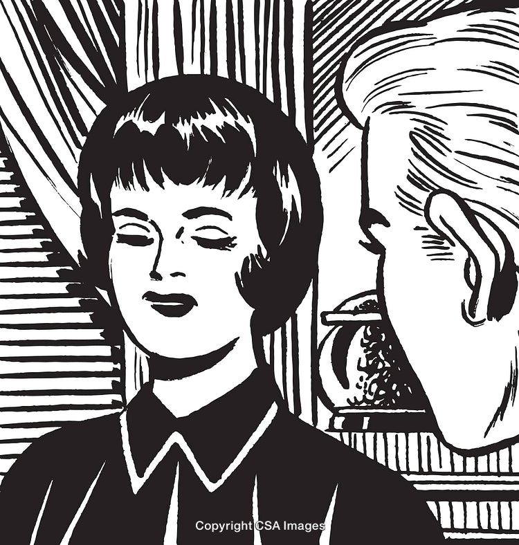 Retro Illustration of a Woman and Man in Conversation with Art Deco Style