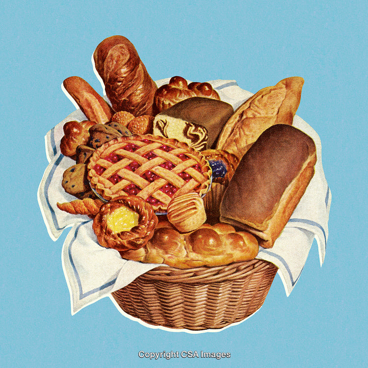 Basket Filled with Various Baked Goods and Pastries Against a Blue Background