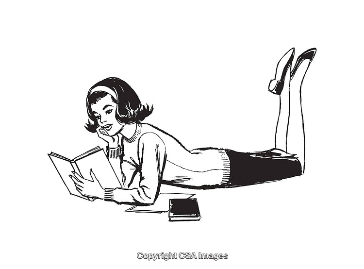 Black and White Line Art Illustration of Woman Reading a Book
