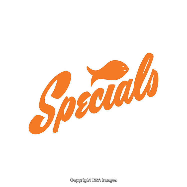Orange Fish-Shaped Logo Featuring the Word Specials in Stylish Script