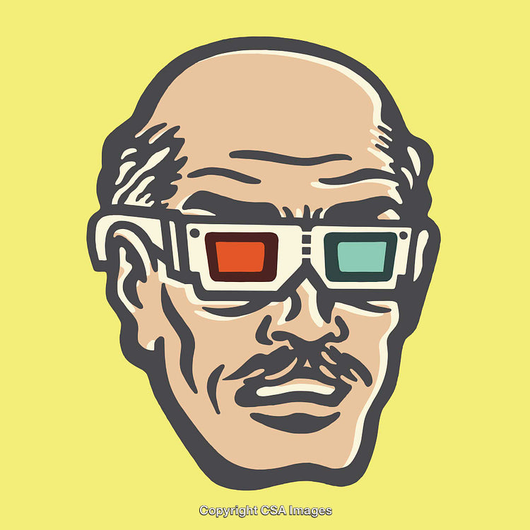 Vintage Style Pop Art Portrait with 3D Glasses on Yellow Background