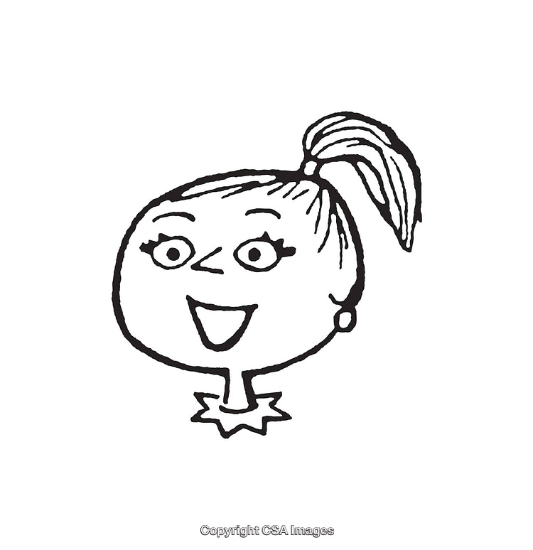 Hand-Drawn Black and White Smiling Face Illustration with Ponytail