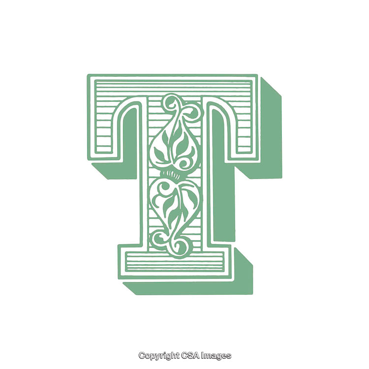Ornamentally Designed Letter T in Green and White Contrast