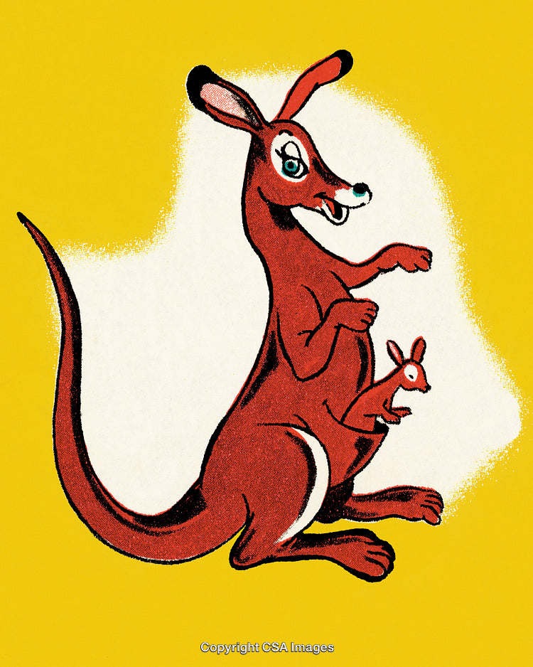 Illustrated Cartoon of a Happy Kangaroo with Baby on a Yellow Background