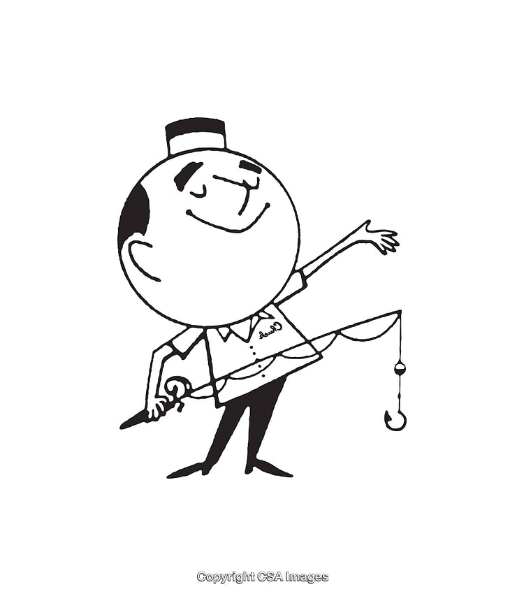 Playful Cartoon Chef Holding a Fishing Rod in Black and White Illustration