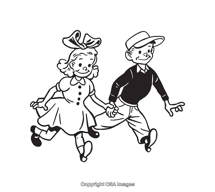 Vintage Black and White Line Art of a Boy and Girl Holding Hands