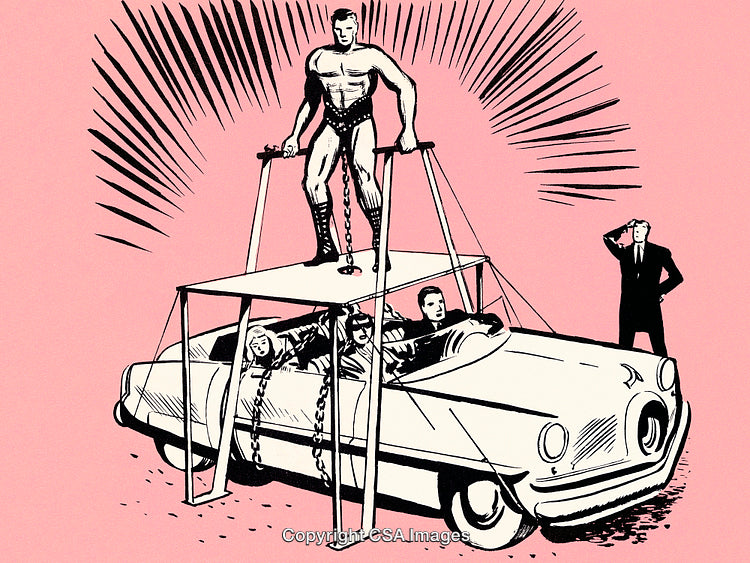 Retro Illustration of Strongman Staged Over Classic Car Scene