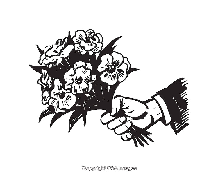 Black And White Line Art of Hand Holding Flower Bouquet