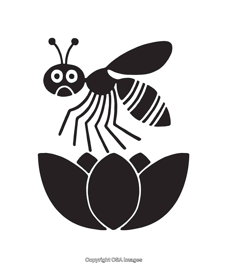 Black and White Illustration of a Bee Near Blooming Flower