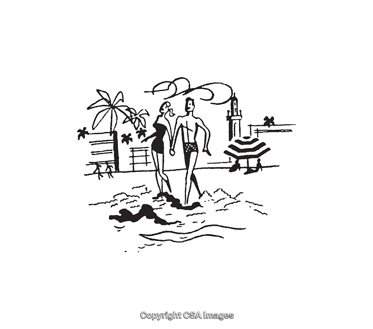 Illustration of a Couple Walking on the Beach Near Palm Trees