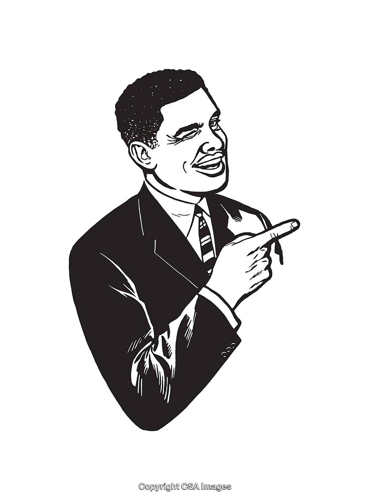 Retro Style Black and White Male Portrait Illustration with Pointing Gesture