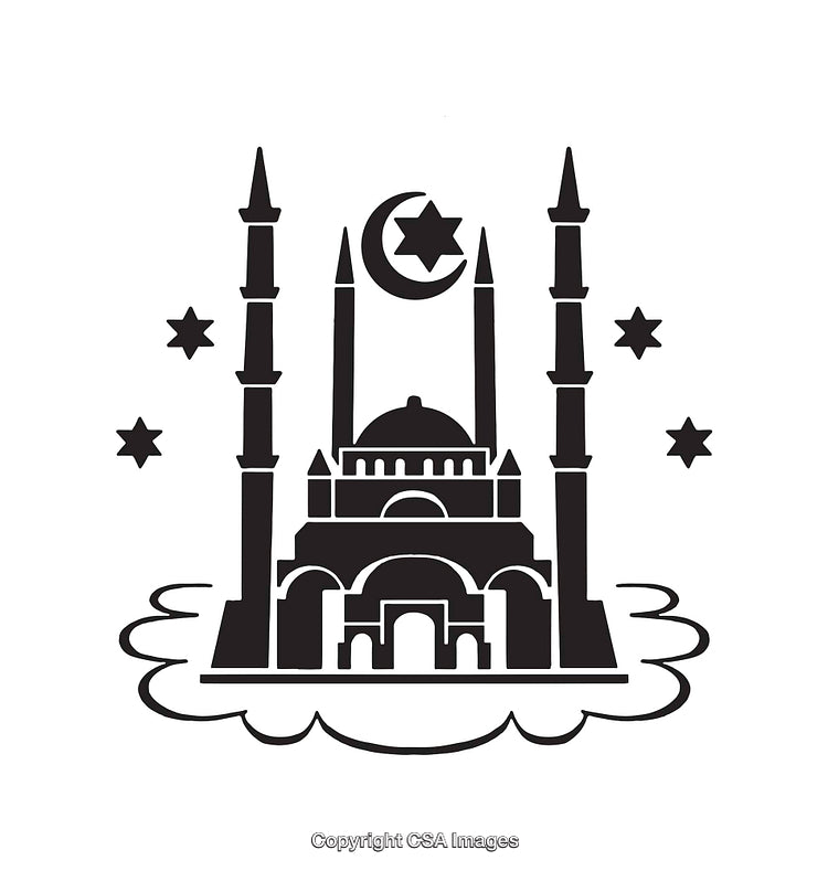 Silhouetted Islamic Mosque Illustration with Crescent Moon and Stars in Minimalist Style