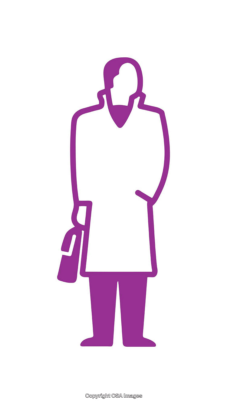 Minimalistic Purple Human Icon with Bag on White Background