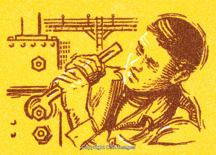Vintage Illustration of a Worker Using a Tool in a Retro Style