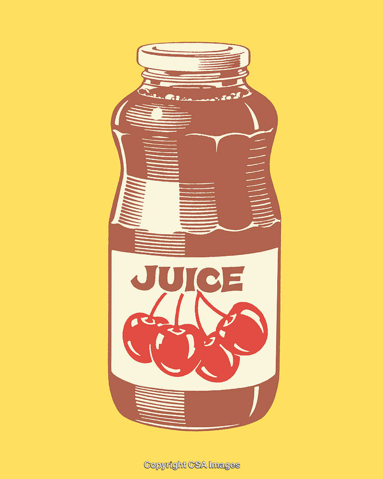 Vintage Line Art Illustration of a Cherry Juice Bottle on Yellow Background