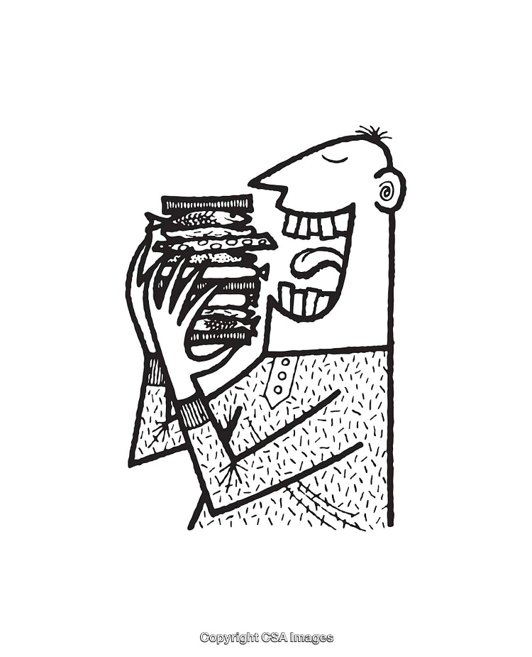 Black And White Drawing of a Hungry Man Eating a Stacked Sandwich