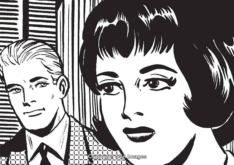 Vintage Black And White Cartoon Art of Two Individuals in a Thoughtful Moment