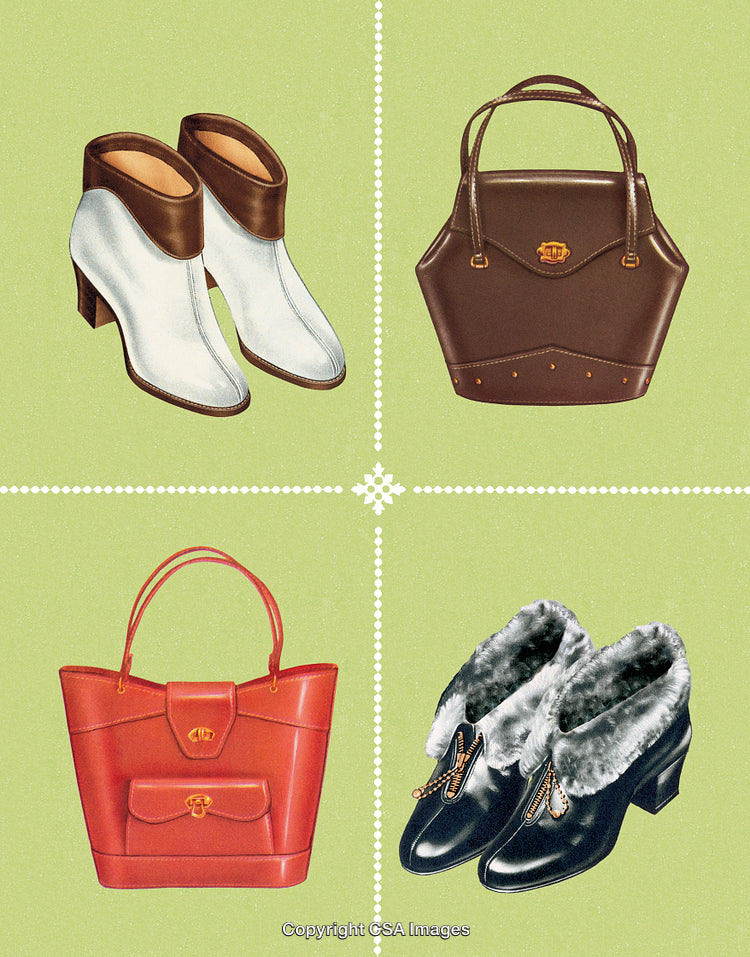 Stylized Display of Vintage Fashion Accessories Including Bags and Shoes
