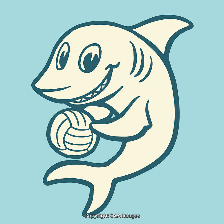 Cheerful Cartoon Shark Playing Volleyball in Minimalist Line Art Style