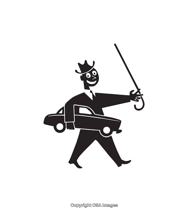 Vintage Black and White Illustration of a Happy Cartoon Character with a Car