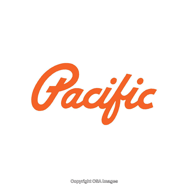 Bold Orange Script Text Reading Pacific on White Background