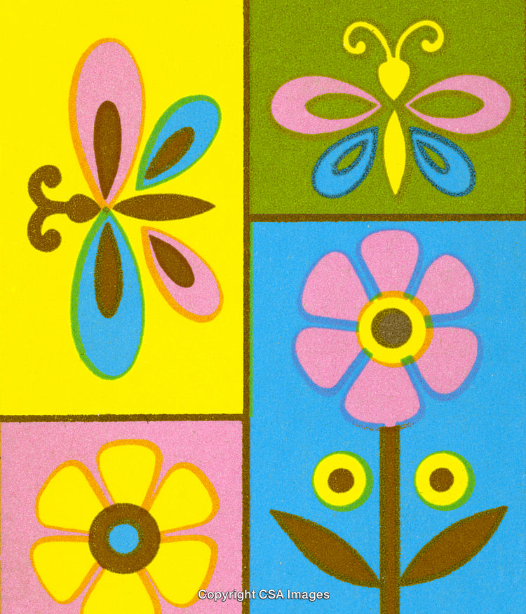 Colorful Retro Illustration With Flowers and Butterflies in Modern Art Style