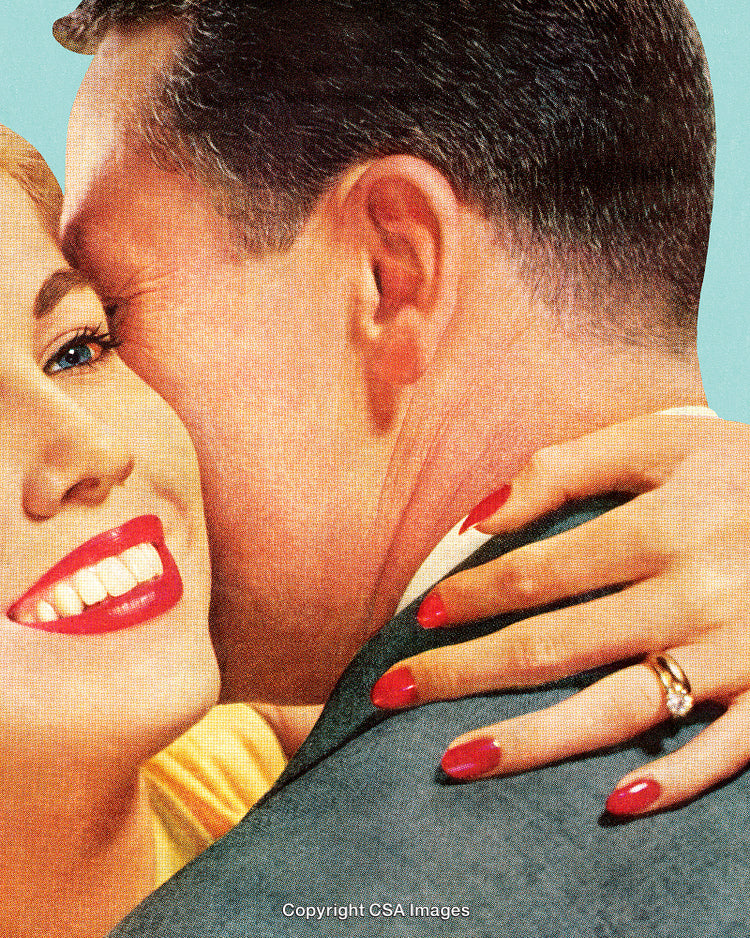 Vintage Romantic Couple Embrace with Smiling Woman in Retro Style