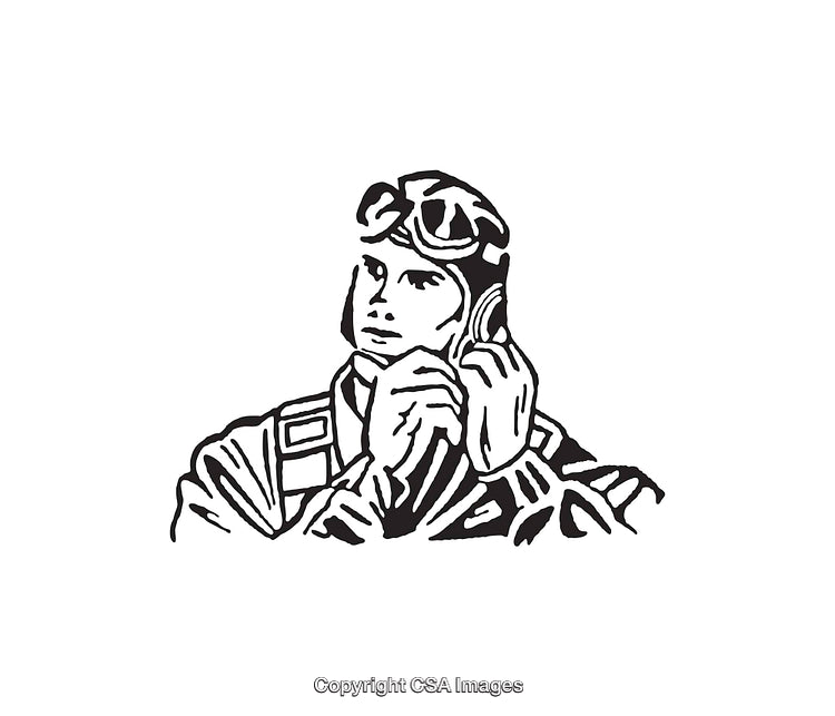 Vintage Black and White Line Art of a Fighter Pilot in Flight Gear