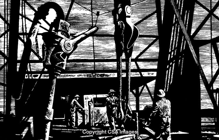 Black and White Engraving of Industrial Workers in Factory Setting