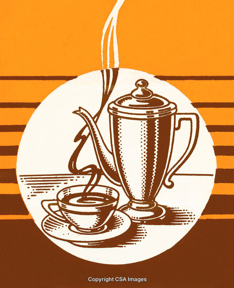 Retro Illustration of Coffee Pot and Cup with Vibrant Orange Background