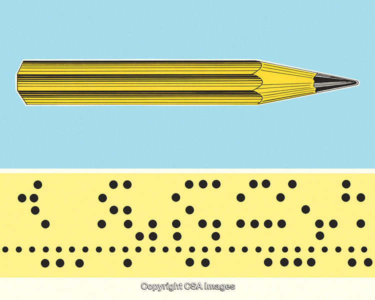 Yellow Pencil Illustration with Braille Elements on a Blue and Yellow Background