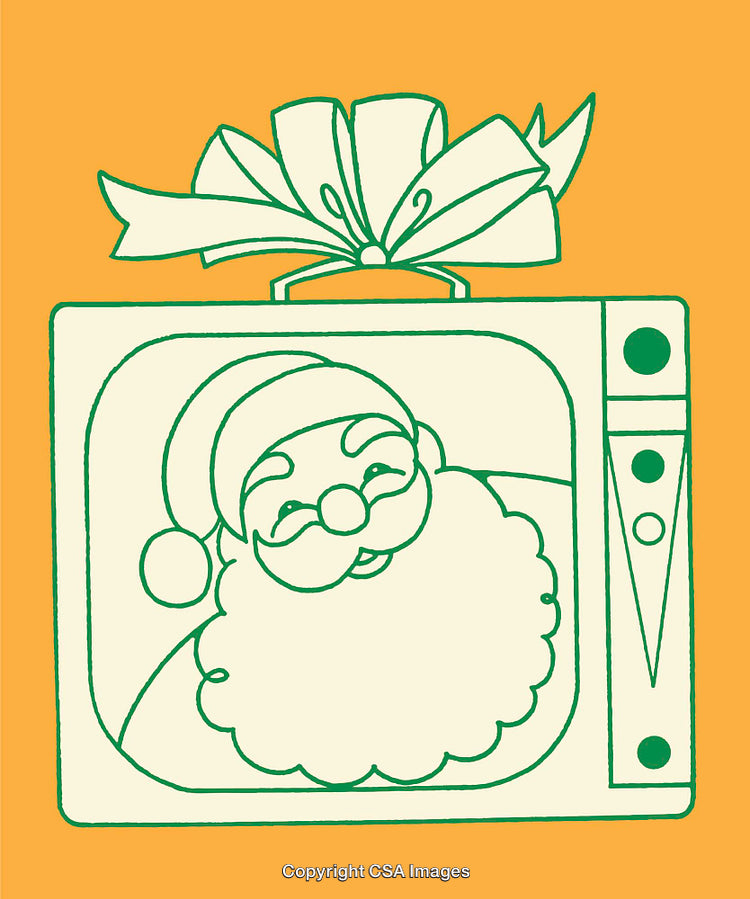 Santa Claus Illustration on a Vintage TV with a Gift Ribbon