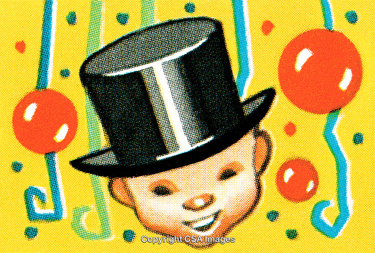 Playful Child Illustration Wearing Top Hat with Balloons and Bright Background