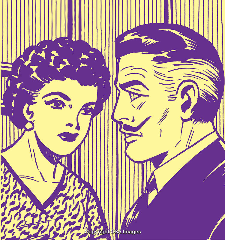 Retro-Style Illustration of a Man and Woman in Thoughtful Conversation