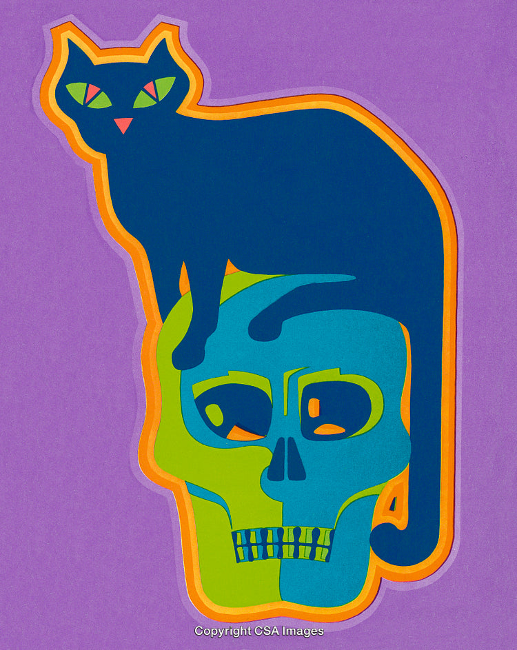 Abstract Artwork Featuring Black Cat and Multicolored Skull on Purple Background