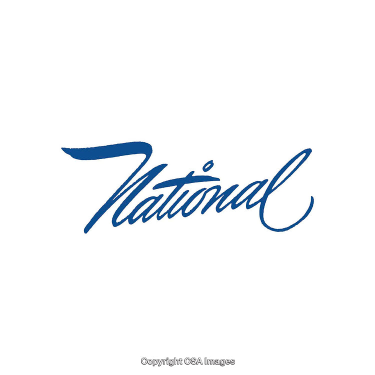 Calligraphy Styled Word National Displayed in Blue on White Background