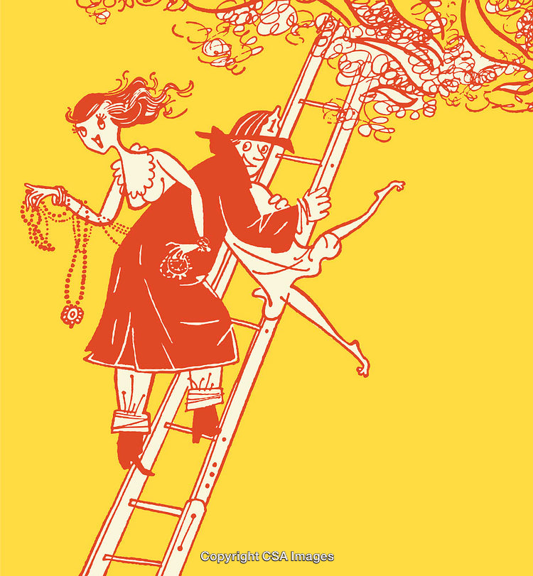 Colorful Line Art of Characters Climbing a Ladder to Escape a Tree