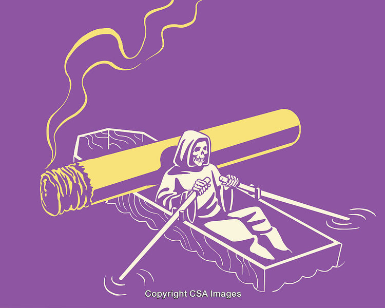 Conceptual Illustration Representing Smoking Dangers and Grim Reaper Rowing Boat
