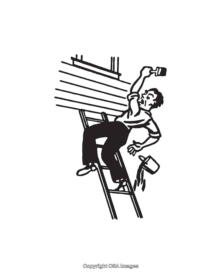 Line Art Illustration of Painter on Ladder Spilling Paint