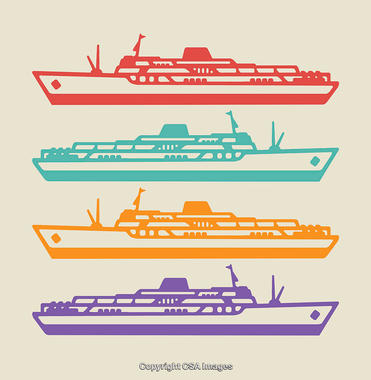 Colorful Line Art Illustrations of Cruise Ships in Four Unique Shades