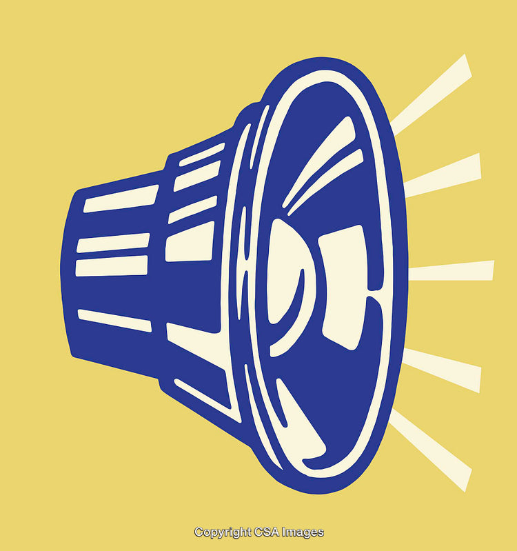 Blue Megaphone Illustration on Yellow Background with Rays of Sound