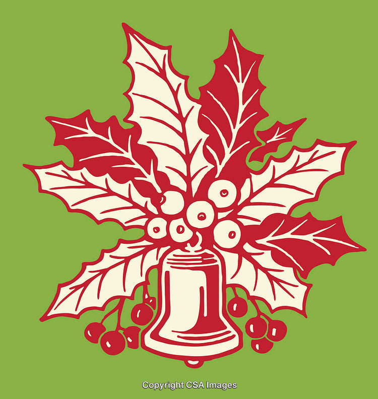 Festive Holly and Bell Design in Traditional Holiday Colors
