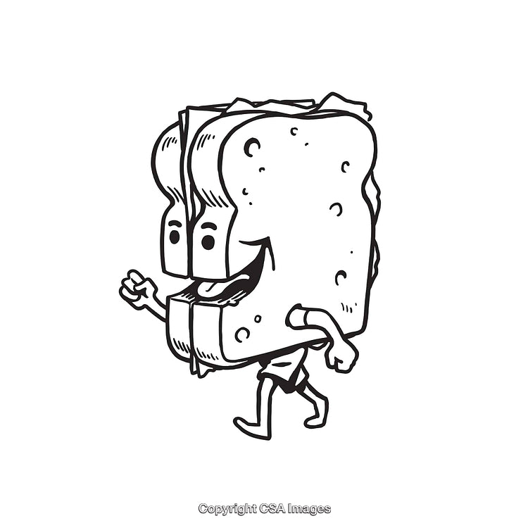 Black and White Line Art Illustration Featuring a Walking Sandwich Cartoon Character