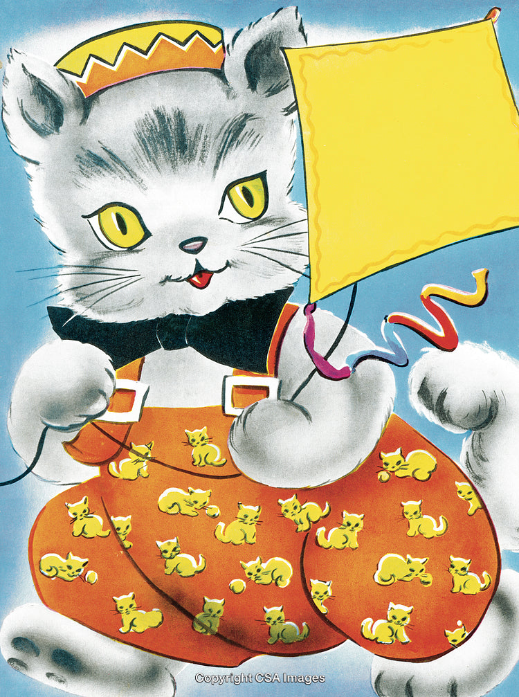 Playful Cat Holding a Bright Kite in a Colorful Cartoon Illustration
