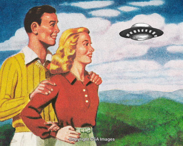 Retro Alien Encounter Art Featuring a Couple Observing a UFO in the Sky