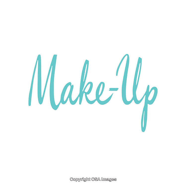 Stylized Calligraphy of the Word Make-Up in Blue on White Background