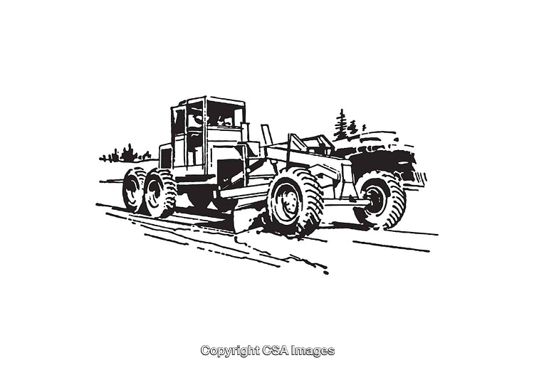 Black and White Line Art Illustration of a Road Grading Machine